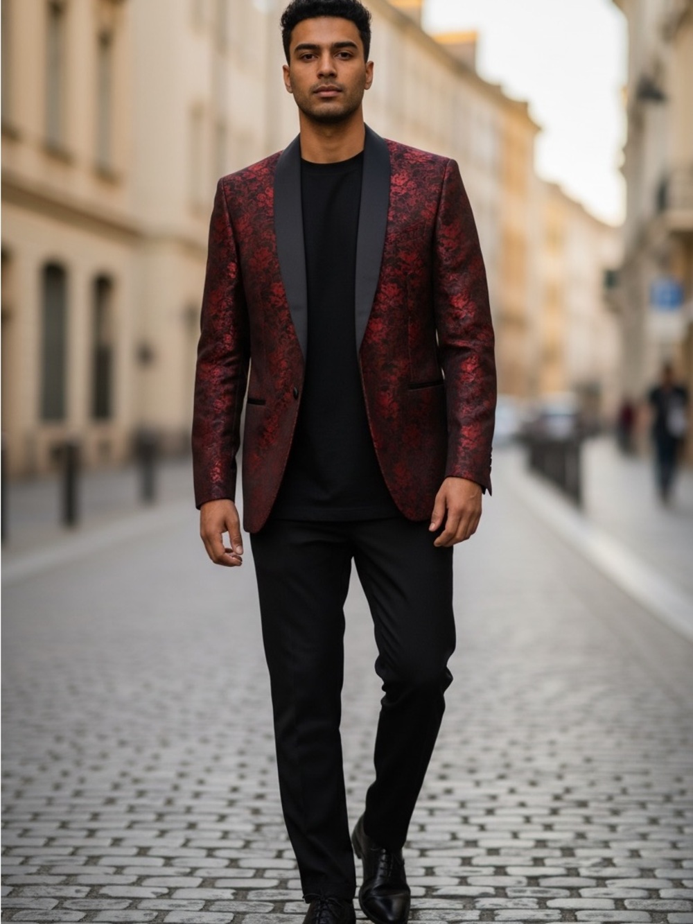 Express Men's Red Brocade Blazer with Black Satin Lapel